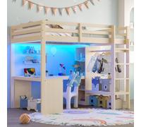 OOIILLEE Lit Mezzanine 140x200 avec étagères Multifonctions, lit Mezzanine Enfant avec Bureau, Cadre de lit en Bois avec lumière LED et USB, Naturel