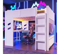 OOIILLEE Lit Mezzanine 2 Place avec éclairage LED et USB Type-C, Lit Enfant 140x200 avec Bureau et tiroir, Carde de Gaming avec Portant et échelle, en Pin et Pin Blanc(sans Matelas)