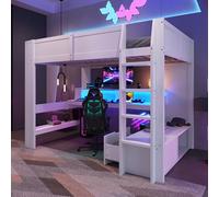 OOIILLEE Lit Mezzanine 2 Place avec LED et Bureau, Lit Gaming avec tiroir et étagères, Lit Superposé Enfant 140x200 avec échelle et Balustrade, Cadre de Lit Blanc(sans Matelas)