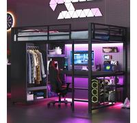 OOIILLEE Lit Mezzanine 2 Place avec LED, lit Mezzanine Gaming en métal avec Bureau et Armoire Ouverte, Lit Enfant 140x200 avec échelle et Balustrade, Cadre de lit Noir (sans Matelas)