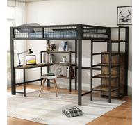 OOIILLEE Lit Mezzanine avec Bureau 140x200 cm, Cadre de lit en Fer avec Plusieurs étagères, lit Mezzanine Enfant avec escalier de Rangement, Cintre intégré, sans Matelas, Noir