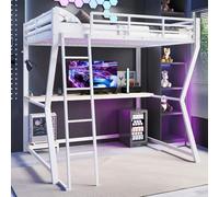 OOIILLEE Lit Mezzanine avec éclairage LED, Bureau, Tablette pour Console Informatique, Structure métallique avec Prise électrique + USB, Garde-Corps, escalier (Blanc-140 * 200cm)