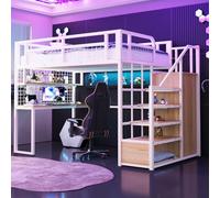 OOIILLEE Lit Mezzanine en métal 140 x 200 cm avec échelle de Rangement et penderie Simple, lit Mezzanine avec Rangement, Table et étagère grillagée, lit ado, Structure métallique Robuste, Blanc