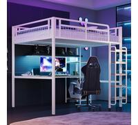 OOIILLEE Lit Mezzanine en métal 140 x 200 cm, échelle de sécurité avec marches, lit Mezzanine 2 Places, lit Enfant avec Table et étagère, barrière de sécurité en Treillis métallique, Blanc