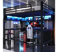 OOIILLEE Lit Mezzanine en métal pour Gamer (140 x 200 cm) avec bibliothèque et Bureau et Armoire, lit Mezzanine Enfant avec Ports USB et éclairage LED, lit ado, Noir
