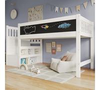 OOIILLEE Lit Mezzanine Enfant 90 x 200 cm avec Tableau Blanc et Tableau Noir, Lit Enfant avec Rangement et Protection antichute, sommier à Lattes, Blanc (sans Matelas)