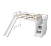 OOIILLEE Lit Mezzanine Enfant 90x200 cm avec Toboggan Amovible, Échelle Angled et Tablette de Rangement, Structure Renforcée Blanc - Certifié EN747 (sans Matelas)
