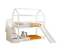 OOIILLEE Lit Mezzanine Enfant 90x200 cm avec Toboggan et Échelle de Rangement, Cadre en Bois Massif, Sommier à Lattes Intégré, Barreaux de Sécurité, Idéal pour Chambre de Garçon ou Fille (Blanc)