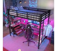 OOIILLEE Lit Mezzanine Enfant avec Bureau Intégré 90x200 cm, Lit Superposé Évolutif avec Éclairage LED, Prise USB, Escalier et Rampe de Sécurité, Meuble de Rangement avec 3 Tiroirs et Étagères