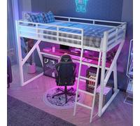OOIILLEE Lit Mezzanine et Enfant 90x200 cm avec Bureau, Escalier et Rampe de Sécurité, Structure en Métal Robust, Éclairage LED Intégré, sans Matelas, Idéal pour Chambre Étudiante ou Espace Limité