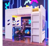 OOIILLEE lit Mezzanine, Lits Gaming avec lumières LED, Bureau, Lits en Bois Cadre avec Port USB, Port Type-C, tiroir, étendoir à Linge, Matelas Non Inclus, Blanc (90 * 200 cm)