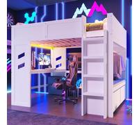 OOIILLEE lit Mezzanine, Lits Gaming avec lumières LED, Bureau, Lits en Bois Cadre avec Port USB, Port Type-C, tiroir, étendoir à Linge, Matelas Non Inclus, Blanc (140 * 200CM)