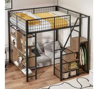 OOIILLEE Lit Mezzanine Multifonction 140 x 200 cm avec escalier de Rangement, Cadre de lit en métal avec rangements et étagères, lit Adulte, Noir