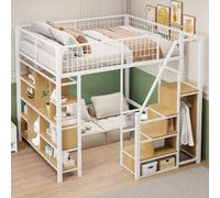 OOIILLEE Lit Mezzanine Multifonction 140 x 200 cm avec escalier de Rangement, Cadre de lit en métal avec rangements et étagères, lit Adulte, Blanc