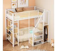 OOIILLEE Lit Mezzanine Multifonction 90 x 200 cm avec escalier de Rangement, Cadre de lit en métal avec rangements et étagères, lit Adulte, Blanc
