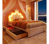 OOIILLEE Lit Mezzanine Rembourré 90x200 avec Tête de Lit Réglable, 2 Tiroirs de Rangement et Éclairage LED Télécommandé - Style Couronne Princesse