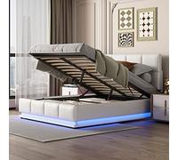 OOIILLEE Lit Rembourré 140x200 avec Éclairage LED Intégré, Tête de Lit Rangement Relevable Hydraulique et Coffre Integré, Sommier à Lattes Réglable en Similicuir Blanc, Literie Adulte et Adolescent