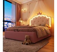 OOIILLEE Lit Rembourré 140x200 cm avec Sommier à Lattes Intégré, Lumière d'Ambiance LED Télécommandée, Design Princesse Couronnée, Storage Hydraulique, Similicuir PU, Blanc Rose