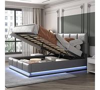 OOIILLEE Lit Rembourré 140x200 cm avec Tête de Lit Éclairée LED, Système Hydraulique de Relevage et Espace de Rangement Intégré | Sommier à Lattes Inclus, Revêtement en Simili-Cuir de Luxe, Gris