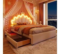 OOIILLEE Lit Rembourré Couronne Princesse 140x200 cm avec Éclairage LED Télécommandé, Tête de Lit Réglable et 2 Tiroirs de Rangement (PU)