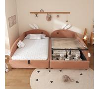 OOIILLEE Lit Rembourré Enfant Combiné avec Tête de Lit Lapin Design, Structure Hydraulique et Espace de Rangement Intégré, Barrière de Sécurité Adjustable en Velours Doux - Rose et Blanc, 90x200 cm