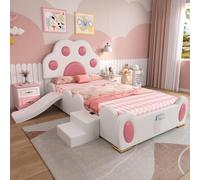 OOIILLEE Lit Simple 90 x 200 cm, lit Enfant, tête de lit en Forme de Patte de Chat Dessin animé, équipé d'un Toboggan Enfant et d'une échelle à Deux marches, Surface PU, Blanc + Rose