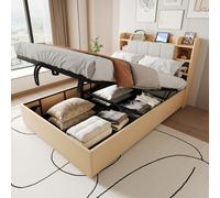 OOIILLEE Lit Simple en Bois avec Tête de Lit Design et Rangement Intégré, Système Hydraulique à Relevage Silencieux, Équipé de Prise USB et Type-C (sans Matelas) (Gris 90x200 cm)