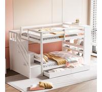 OOIILLEE Lit Superposé 90x200 cm avec Échelle de Sécurité, Tiroirs de Rangement et Grands Casiers, Structure Haute avec Barreaux, Sommier à Lattes, en Pin, Lit Enfant et Adolescent (Blanc)