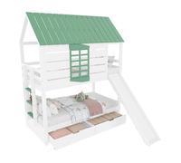 OOIILLEE Lit superposé 90x200 cm Blanc et Vert - avec Toboggan Amovible et 2 tiroirs de Rangement - Meuble Enfant évolutif - Livré monté