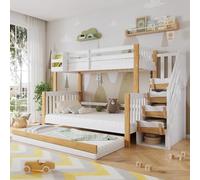 OOIILLEE Lit superposé 90x200 et 120x200cm avec barrière de sécurité et escalier d'angle, lit Enfant avec lit gigogne 90x190, Design spécial Panneau de Porte, pin + MDF, Blanc + Couleur Naturelle