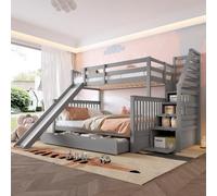 OOIILLEE Lit superposé avec tiroirs, échelle de Rangement, Lits d'enfants en Bois avec Grand Espace de Rangement, Matelas Non Inclus (Gris-avec Toboggan)
