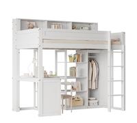 OOIILLEE Lit Superposé Bébé Multifonction avec Table Intégrée, Armoire et Barrière de Sécurité - Lit Évolutif avec Étagères, Échelle 4 Marches et Espace Rangement | Blanc | 90 x 200 cm