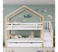 OOIILLEE Lit Superposé Cabane Extensible avec Escalier 3 Tiroirs et Barrière Sécurité - Lit Coulissant Modulable, Sommier à Lattes Renforcé, Protection Anti-Chute | 90x190 cm / 90x200 cm