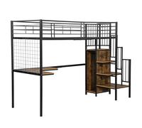 OOIILLEE Lit Superposé en Fer avec Bureau et Armoire, Lit Mezzanine Évolutif pour Enfants et Adolescents, Structure Noire et Bois Foncé, Échelle Latérale Sécurisée, Matelas 90 x 200 cm, Gain de Place