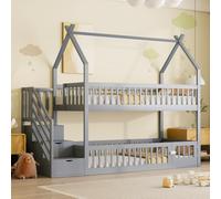 OOIILLEE Lit superposé Enfant 90 x 200 cm avec échelle de sécurité et tiroirs,Lit superposé en Bois avec escalier de Rangement,avec Toit,Garde-Corps Hauts et Portes,pour Enfants et Adolescents,Gris