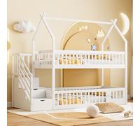 OOIILLEE Lit superposé Enfant 90 x 200 cm avec échelle de sécurité et tiroirs,Lit superposé en Bois avec escalier de Rangement,avec Toit,Garde-Corps Hauts et Portes,pour Enfants et Adolescents,Blanc