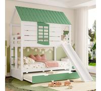 OOIILLEE Lit superposé Enfant 90 x 200 cm avec lit gigogne, Toboggan et échelle latérale, lit cabane avec fenêtre, Forme de Toit, sommier à Lattes en Bois, Blanc et Vert