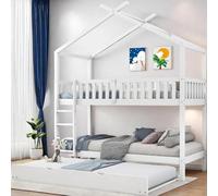 OOIILLEE lit superposé Enfant 90x200 cm avec lit gigogne 90x190, barrière de sécurité de 30 cm, La Forme cabane, aux Enfant, garçons et aux Filles, Lattes en Bois Massif, Blanc