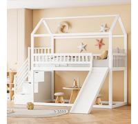 OOIILLEE Lit superposé Enfant 90x200 cm avec Toboggan et échelle de Rangement, lit Mezzanine, Construction Haute clôture, Cadre de lit en Bois Massif, sommier à Lattes, Blanc
