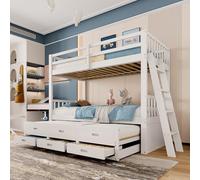 OOIILLEE Lit Superposé Enfant 90x200 cm en Pin et MDF avec Échelle, Lit Cabane Modulable pour Fille et Garçon, 3 Tiroirs de Rangement, sans Matelas