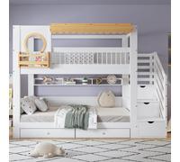 OOIILLEE Lit Superposé Enfant avec Escalier Armoire, 2 Tiroirs à roulettes et Étagère Longue 2m - Couleur Blanc/Naturel, 90x200 cm - Multifonctionnel avec Tablette Latérale et Rangement Intégré
