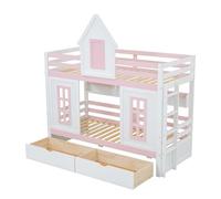 OOIILLEE Lit Superposé Enfant, Lit Princesse avec Toit et Fenêtre, Barrière de Sécurité Renforcée et Garde-Corps Stable, Structure en Pin avec Deux Tiroirs à roulettes et Étagère Ouverte