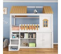 OOIILLEE Lit superposé pour Enfants avec Armoire et Meuble à Chaussures, Lits Maison avec marches sécurisées et barrière Robuste, Cadre en Bois Massif, Blanc (Matelas Non Inclus)