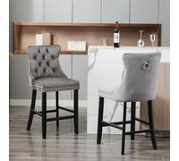 OOIILLEE Lot de 2 Tabouret de Bar en Velours Orange Capitonné avec Détails Boutons, Pieds en Bois et Garniture à Clous Argentés - Chaises Hautes Contemporaines pour Cuisine, Salon ou Espace Détente