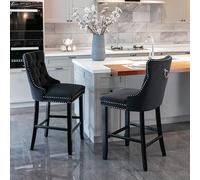 OOIILLEE Lot de 2 Tabouret de Bar en Velours Orange Capitonné avec Détails Boutons, Pieds en Bois et Garniture à Clous Argentés - Chaises Hautes Contemporaines pour Cuisine, Salon ou Espace Détente