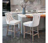 OOIILLEE Lot de 2 Tabouret de Bar en Velours Orange Capitonné avec Détails Boutons, Pieds en Bois et Garniture à Clous Argentés - Chaises Hautes Contemporaines pour Cuisine, Salon ou Espace Détente