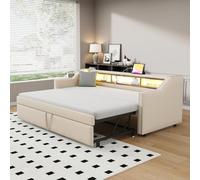 OOIILLEE Lumière LED Lit capitonné, Canapé-lit escamotable avec Port USB, Daybed Moderne Compartiment de Rangement Multifonctionnel (Beige-90/180 * 190 cm)