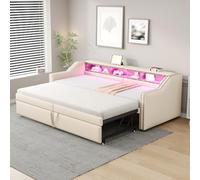 OOIILLEE Lumière LED Lit capitonné, Canapé-lit escamotable avec Port USB, Daybed Moderne Compartiment de Rangement Multifonctionnel (Beige-90/180 * 200 cm)