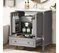 OOIILLEE Meuble de Salle de Bain sur Pied avec lavabo, lavabo intégré, Meuble de Salle de Bain avec Vasque en céramique, avec tiroirs et Porte de Rangement (Gris)