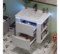 OOIILLEE Meuble Mural Salle de Bain Blanc 61x46x48.5cm - 2 tiroirs à Fermeture Douce, étagères latérales, éclairage LED détecteur Radar - Compatible Vasque intégrée